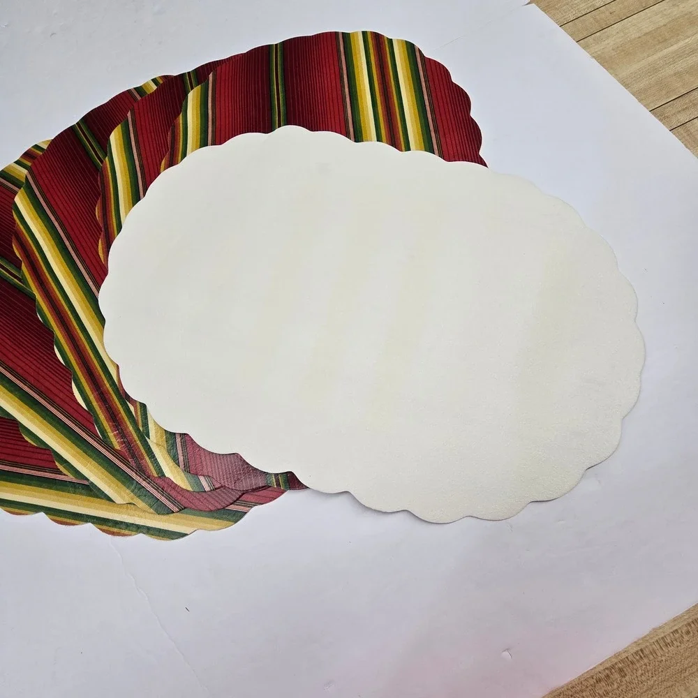 Vintage 90s Y2KPlacemats Set of 4 Red Green Gold Striped Vinyl Damask Decor